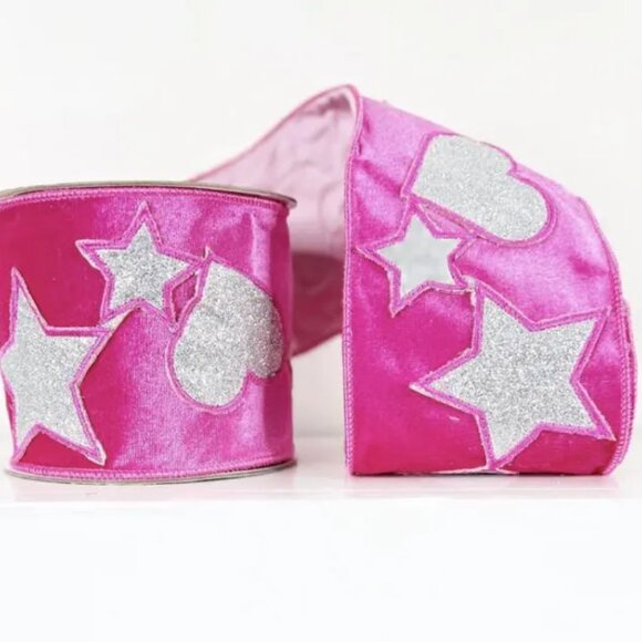 4 inch Hot Pink Velvet with Hearts and Stars Wired Edge Ribbon Holiday Crafts - Picture 8 of 9